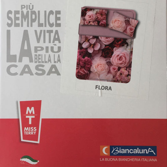 Completo Lenzuola Copriletto Matrimoniale Flora – Biancaluna Miss Terry – 100% Cotone