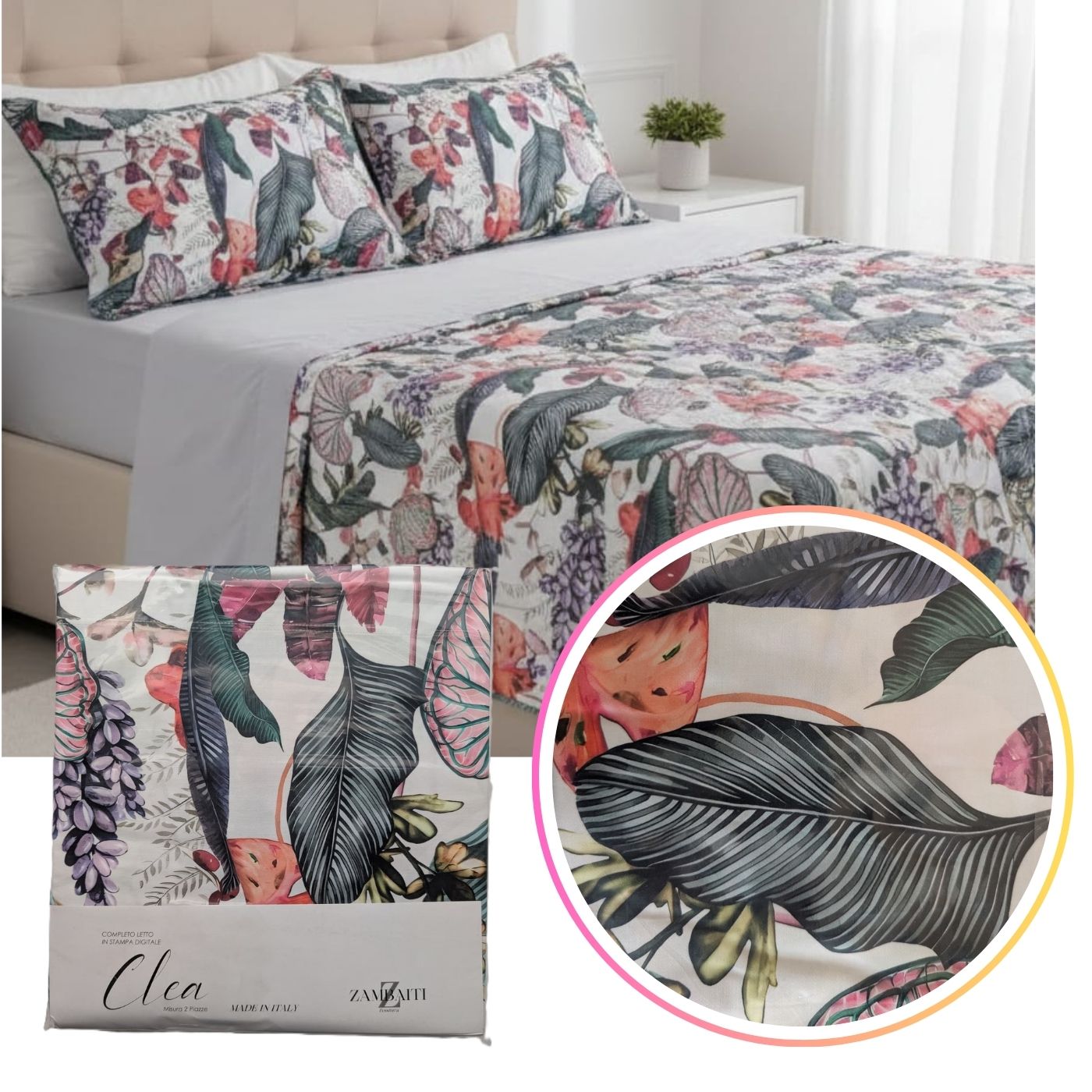 Completo Letto Matrimoniale "Clea" in Raso e Stampa Digitale - Zambaiti