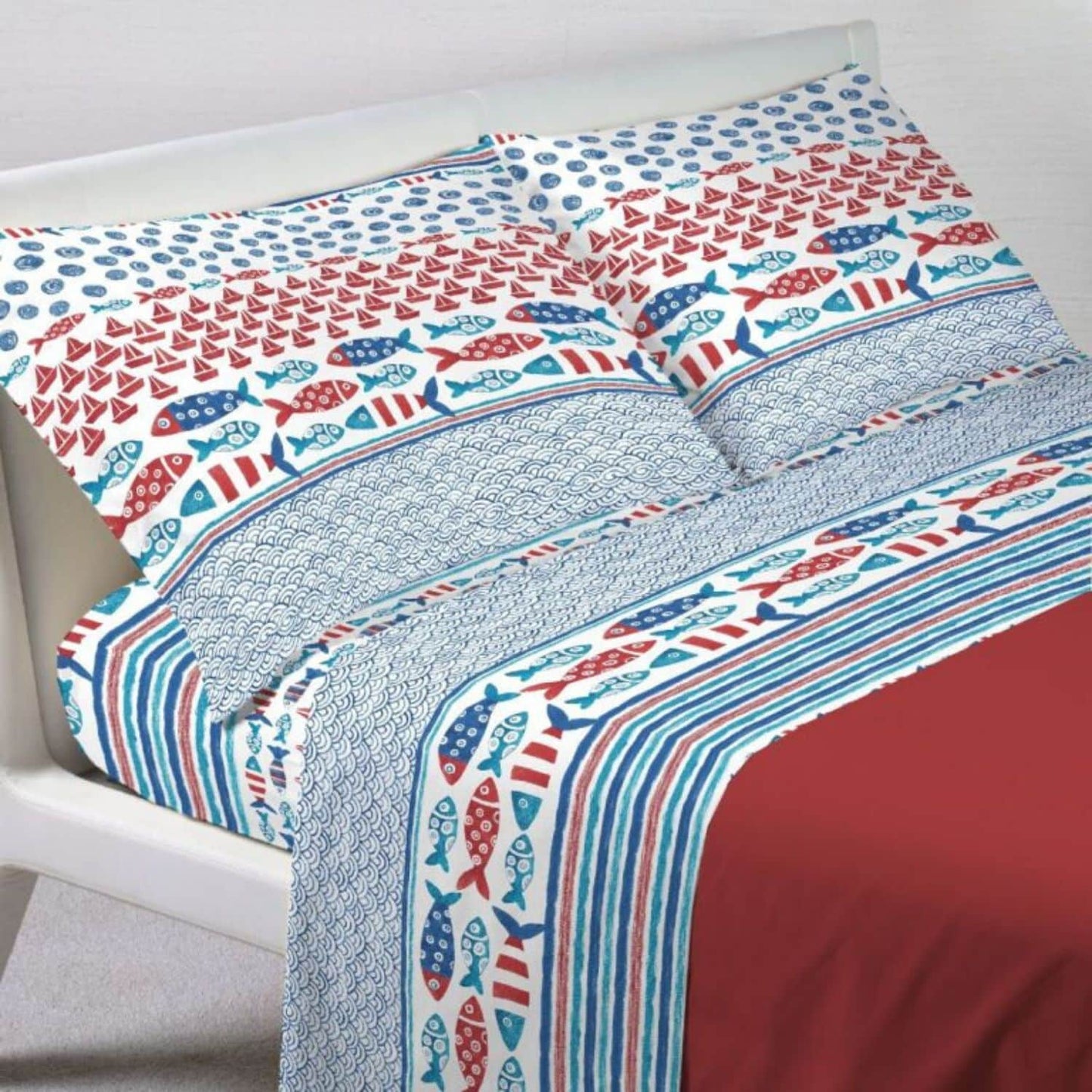Completo Lenzuola Matrimoniale Pesci Rosso Quadrifoglio – 100% Cotone Made in Italy