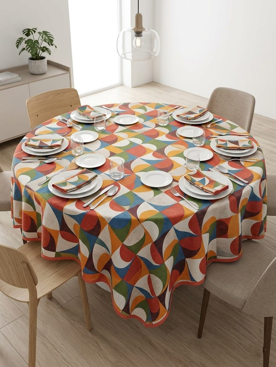 Tovaglia Rotonda 180 cm Dreams Gemmina Geometrico - In Tessuto Panamino con 8 Tovaglioli