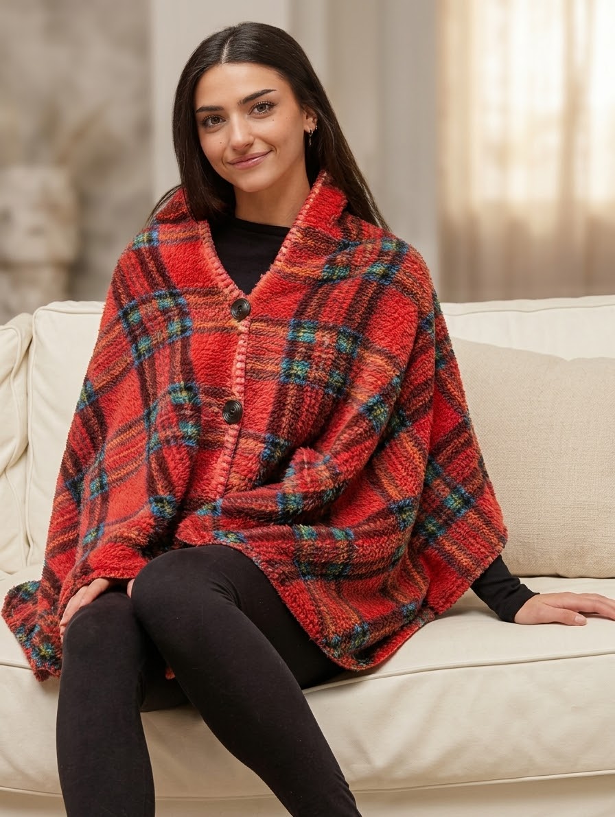 Easy Home Poncho Mantella Scotland Tartan Rosso con Bottoni - Plaid Indossabile