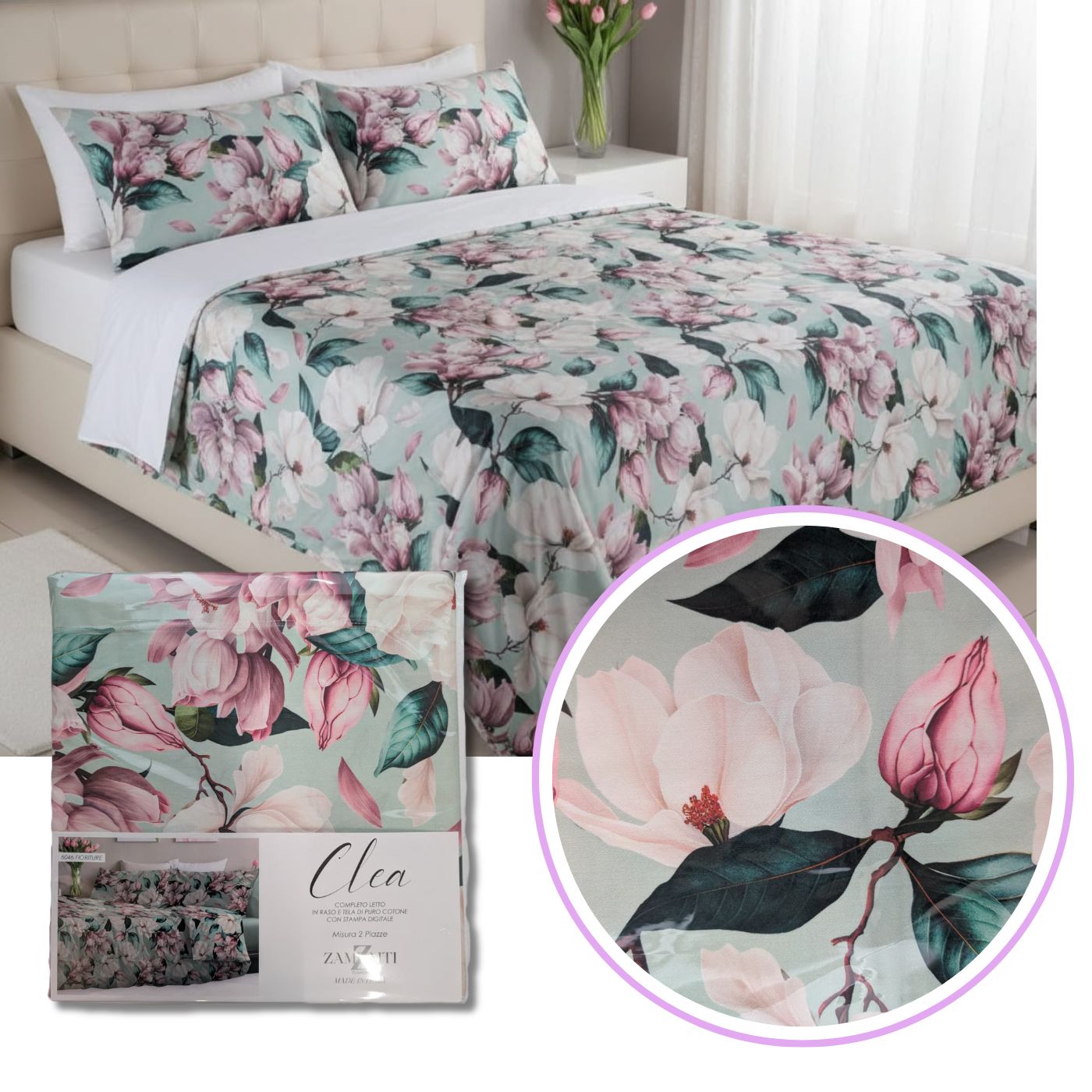 Completo Letto Matrimoniale "Clea" in Raso e Stampa Digitale - Zambaiti