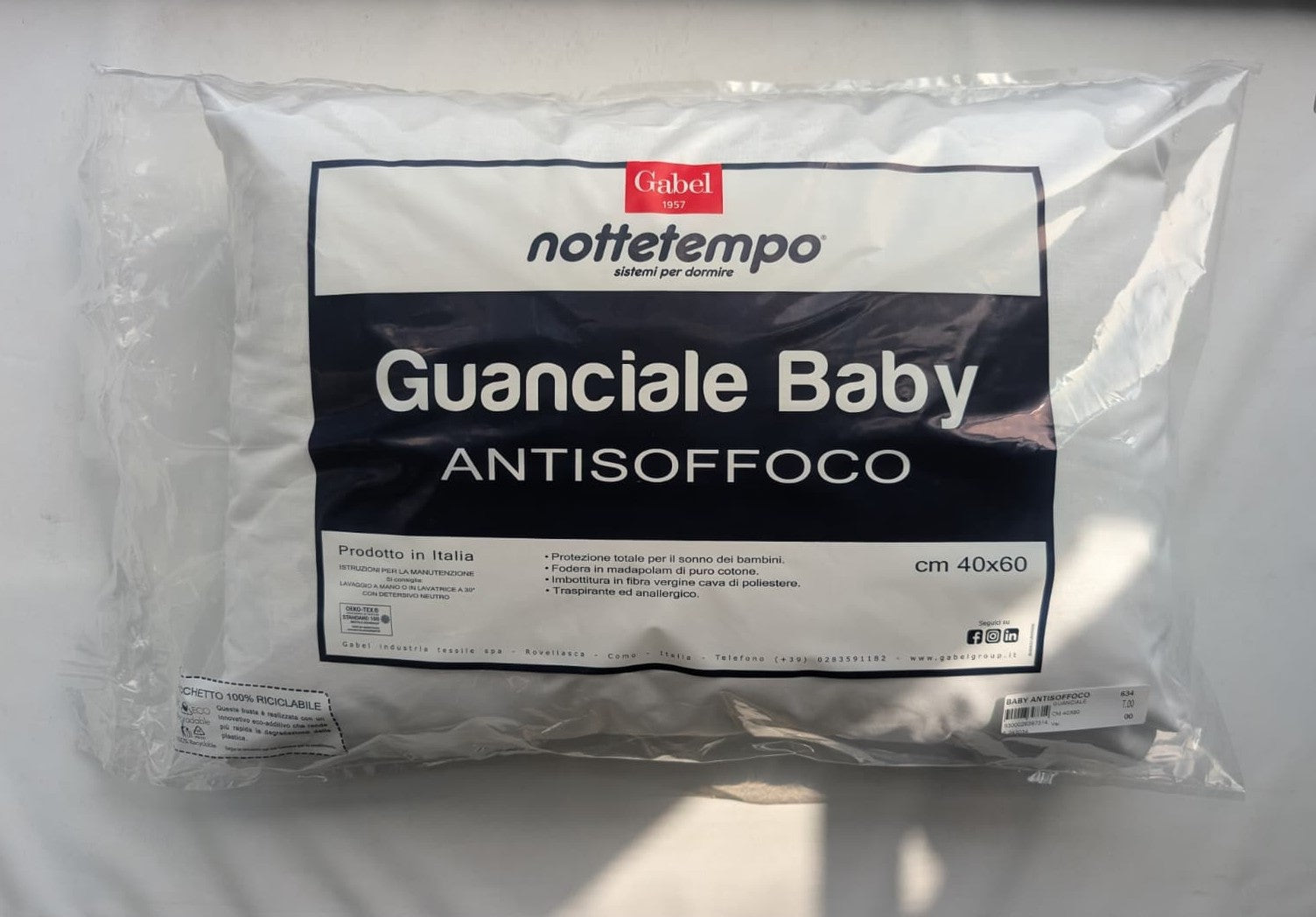 Guanciale Gabel Nottetempo Baby Antisoffoco - 40x60 cm - Madapolam di Puro Cotone