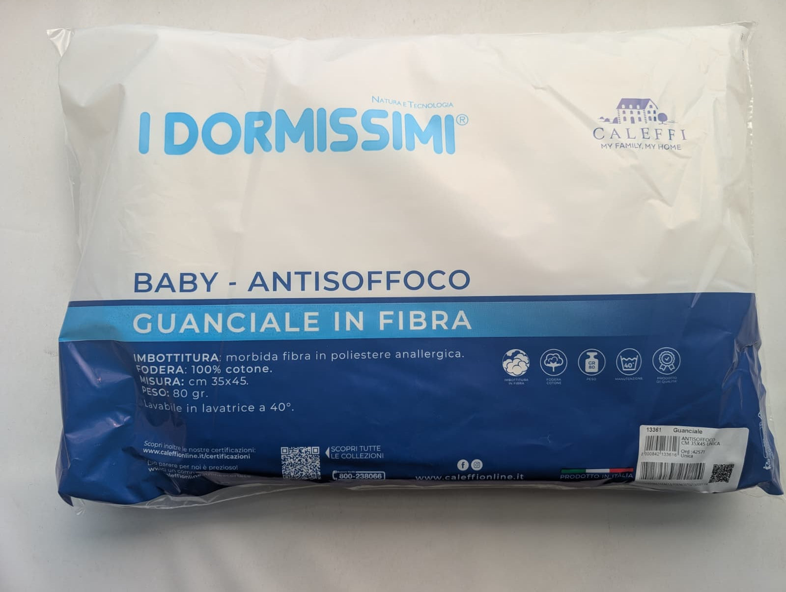 Guanciale Caleffi Baby Antisoffoco "I Dormissimi" - 35x45 cm - Made in Italy