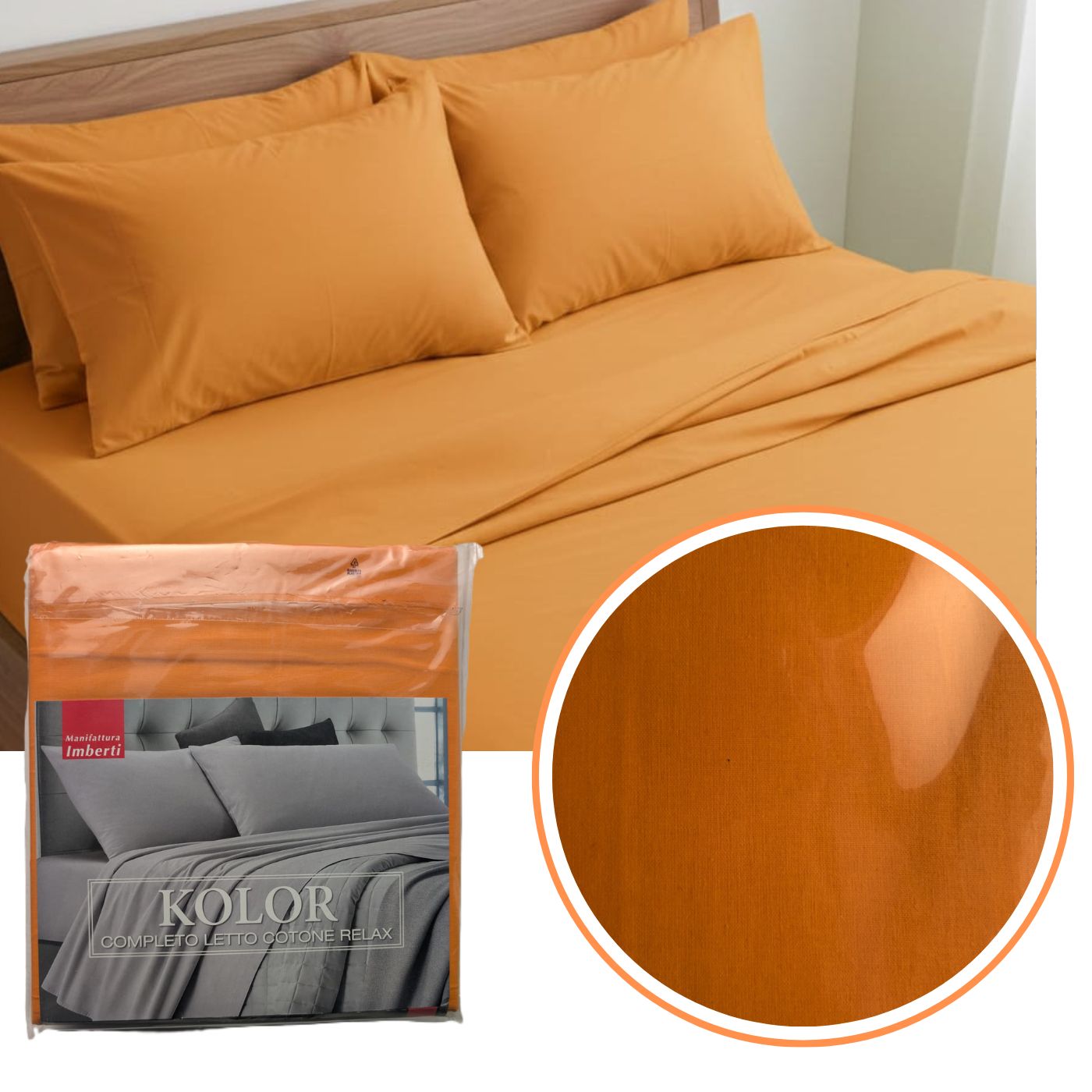 Completo Lenzuola Matrimoniali In Cotone 100% Con Stampa Matite E Matitoni - Colore Arancio, Made In Italy