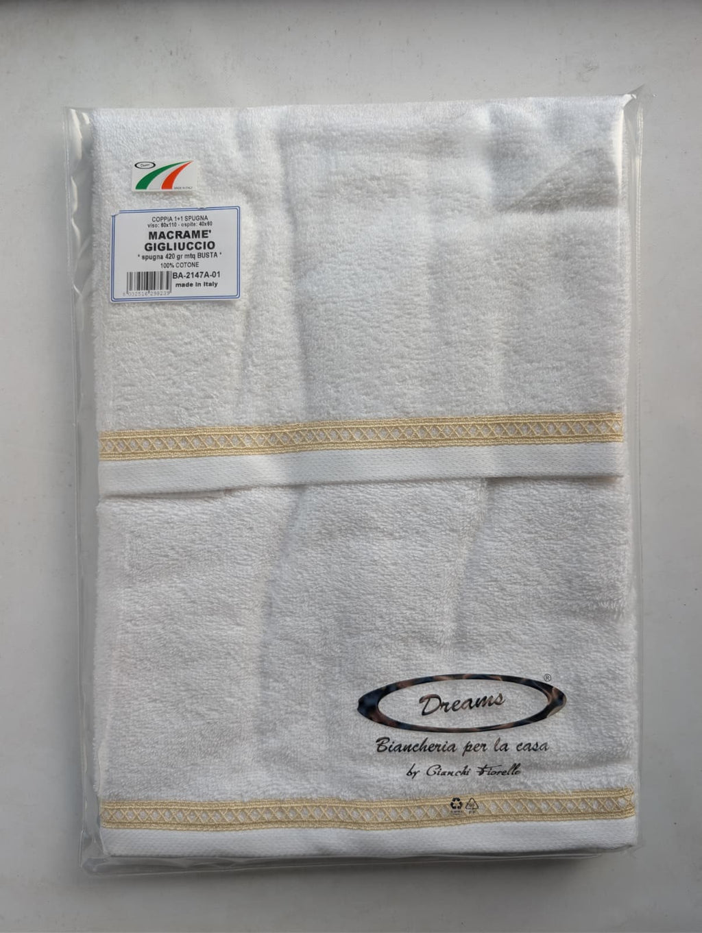 Coppia Asciugamani 1+1 Dreams "Macramè Gigliuccio" - Puro Cotone Made in Italy
