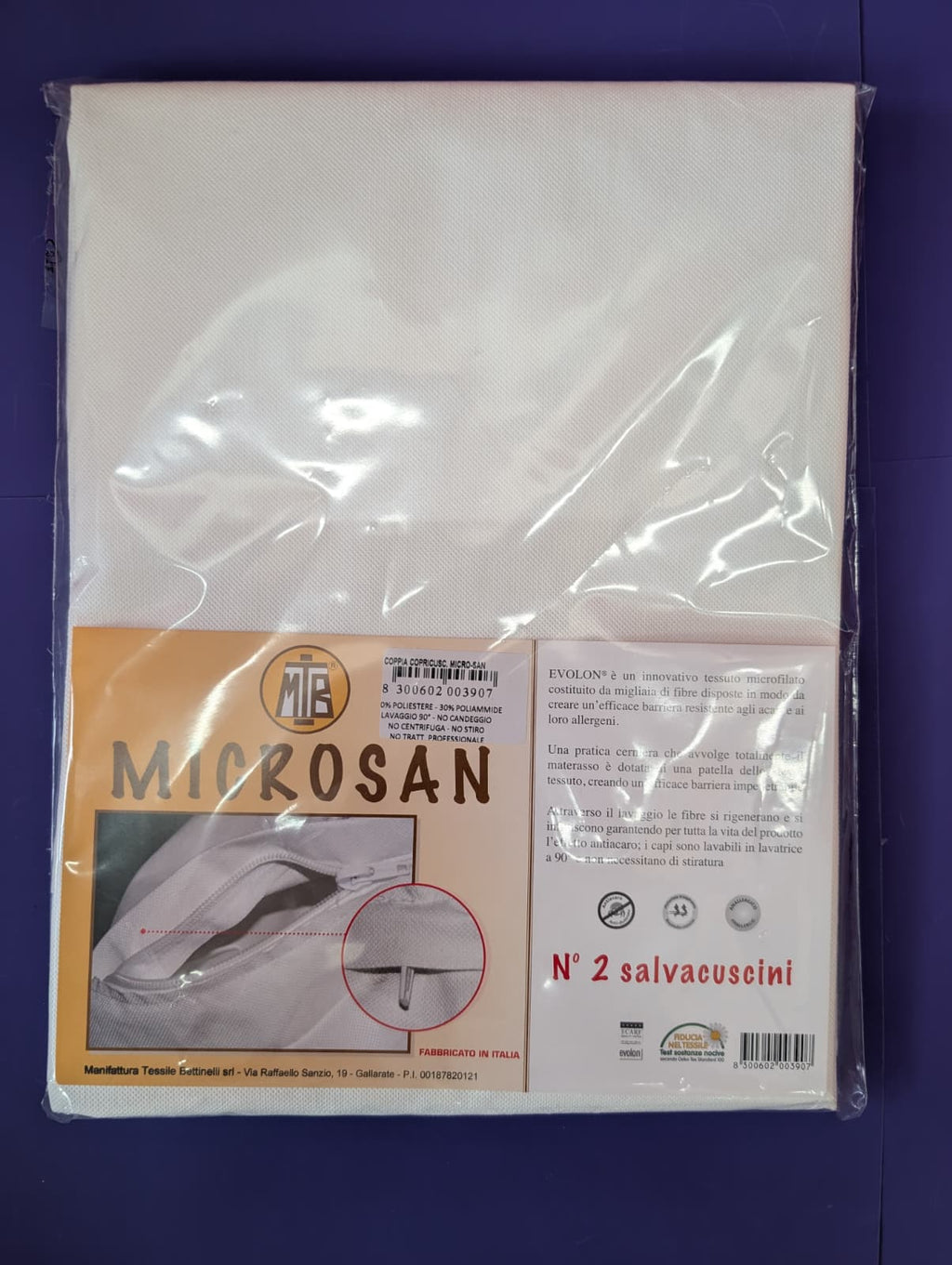 Coppia Copriguanciale Antiacaro Bettinelli Microsan in Evolon con Zip - Made in Italy