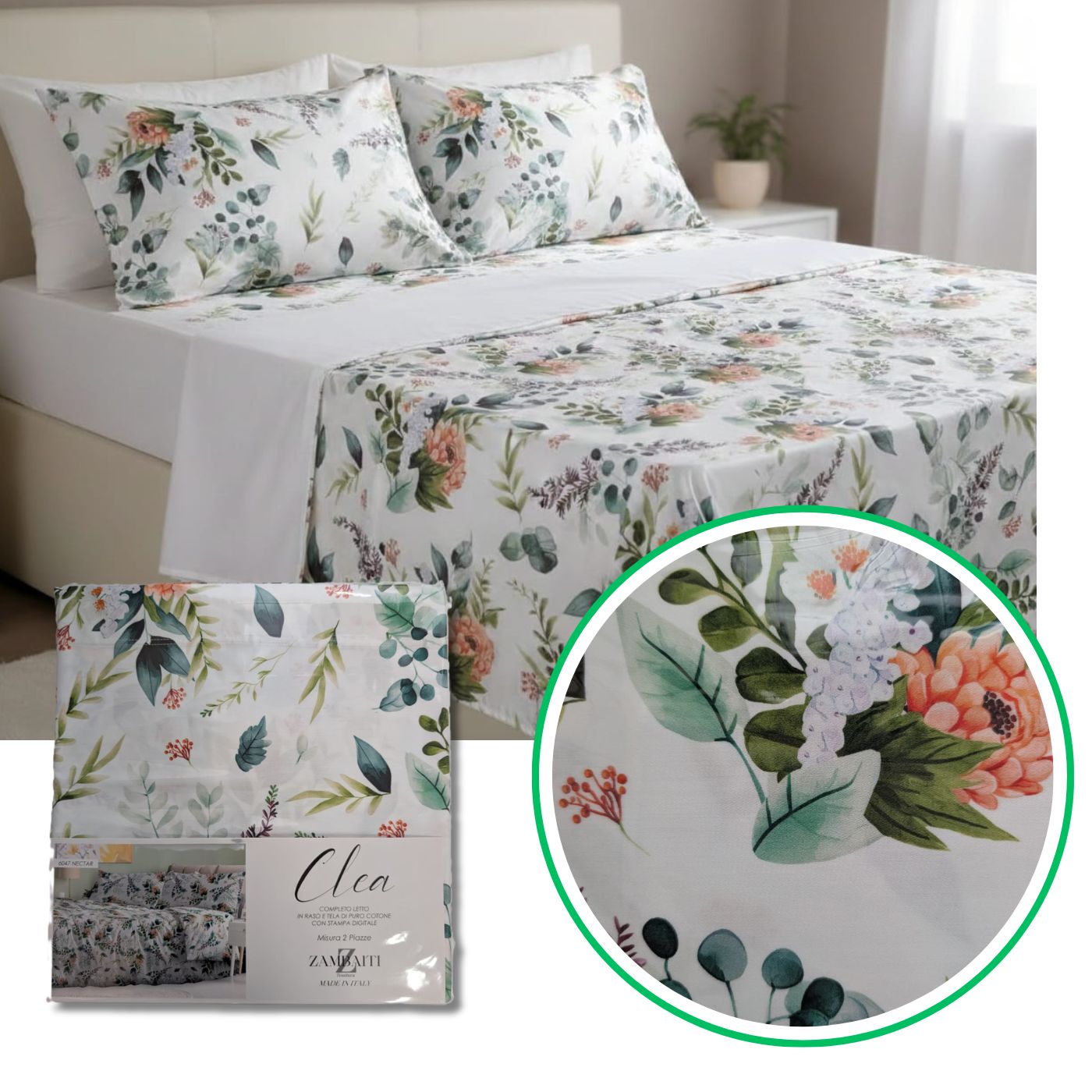 Completo Letto Matrimoniale "Clea" in Raso e Stampa Digitale - Zambaiti