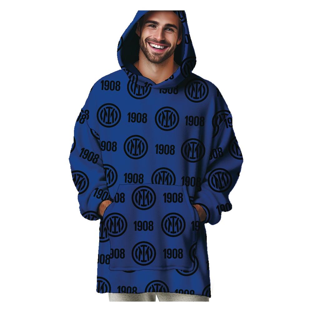 Poncho Blanket Inter  – Pile in Poliestere Nero e Azzurro, Taglia Unica Adulto