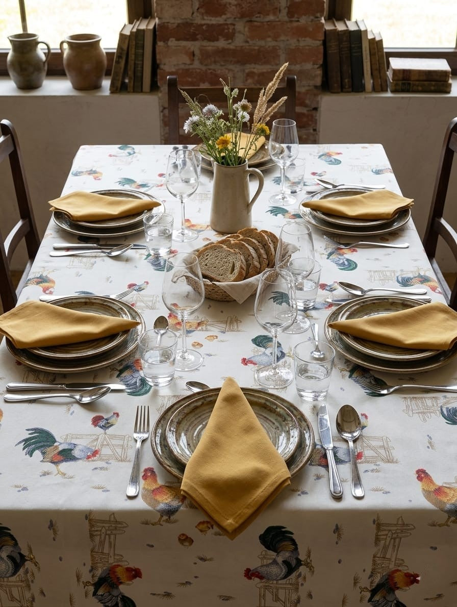 Tovaglia Rettangolare da 6 Vingi Armonia Dis. Gallo - Con 6 Tovaglioli - Stile Country Chic