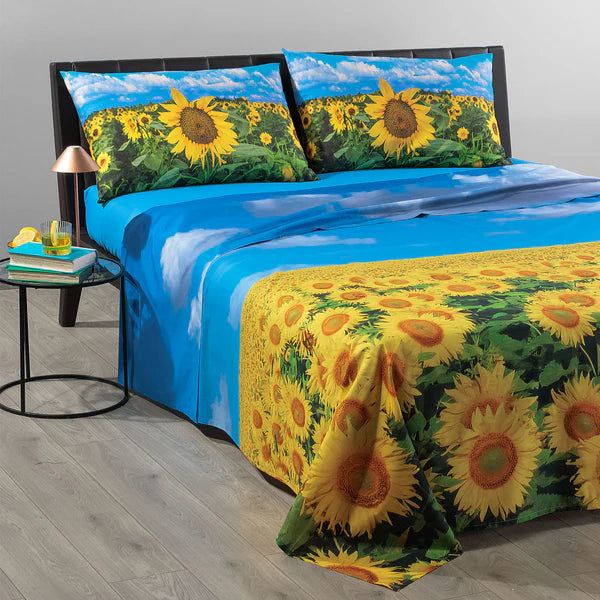 Completo Lenzuola Copriletto Matrimoniale  - Sogni di Viaggio "Girasoli" by Marco Carmassi - Caleffi