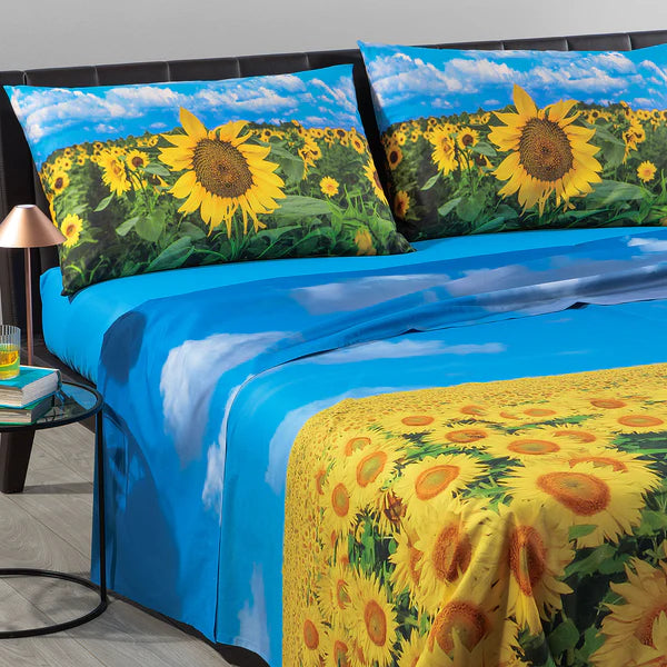 Completo Lenzuola Copriletto Matrimoniale  - Sogni di Viaggio "Girasoli" by Marco Carmassi - Caleffi