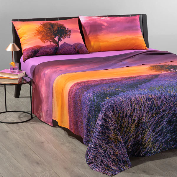 Completo Lenzuola Copriletto Matrimoniale  - Sogni di Viaggio "Lavander Sunset" by Marco Carmassi - Caleffi