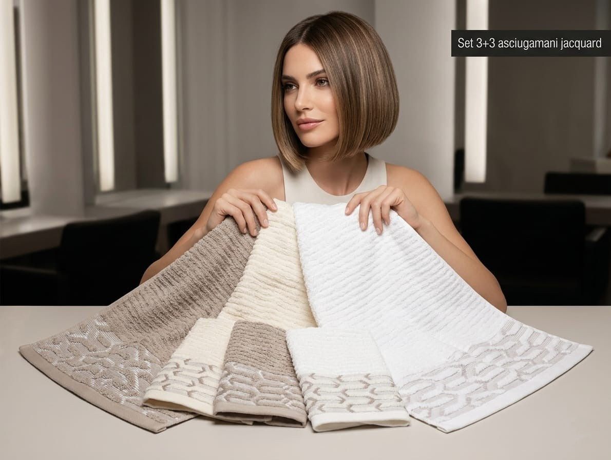 Set 3+3 Asciugamani Jacquard In Biancaluna "Tosca" - Puro Cotone