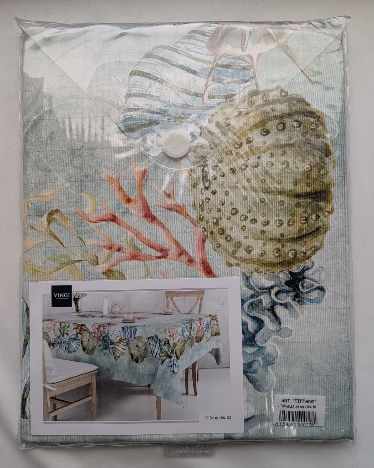 Tovaglia Vingi Tiffany Modello 32 - Stampa Digitale Marina con Coralli e Conchiglie